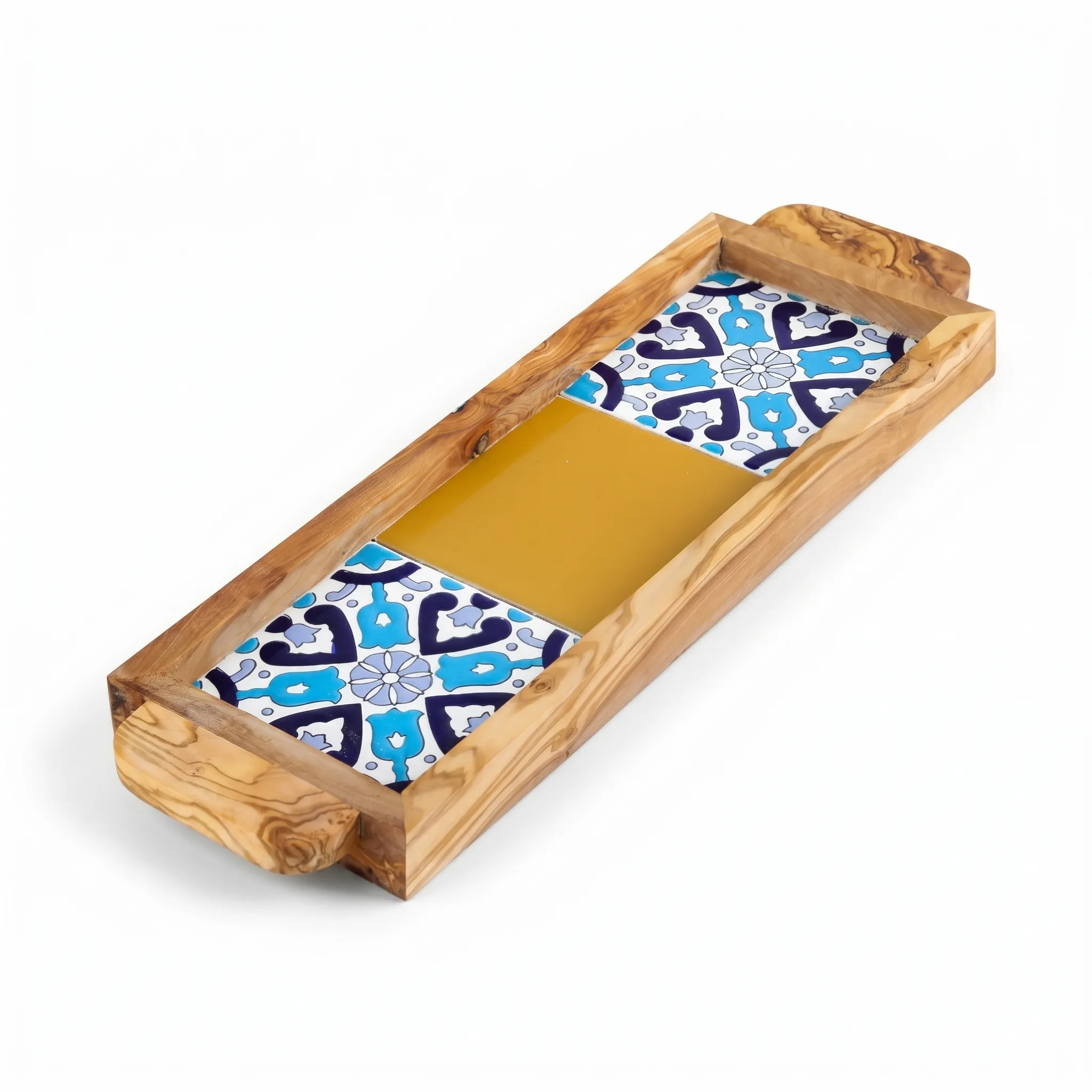 olive wood wood and ceramic rectangular tray