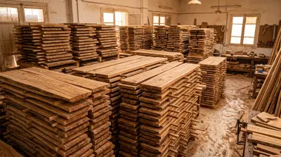 Sawn olive wood boards stacked on stickers to season in the drying room