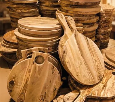 Olive wood assortment on a retail shelf