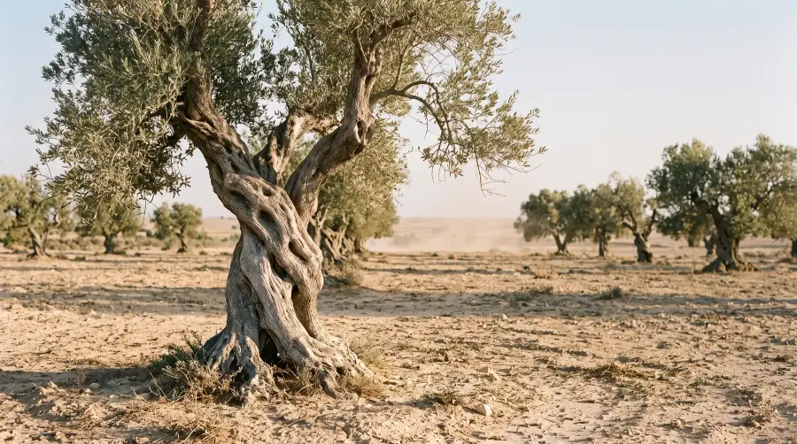 An old olive tree with a thick, twisted, hollowed trunk in a dry sandy grove near Sfax, with widely spaced olive trees receding to the horizon