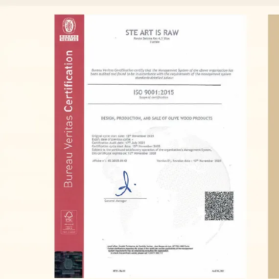 ArtisRaw ISO 9001:2015 certificate